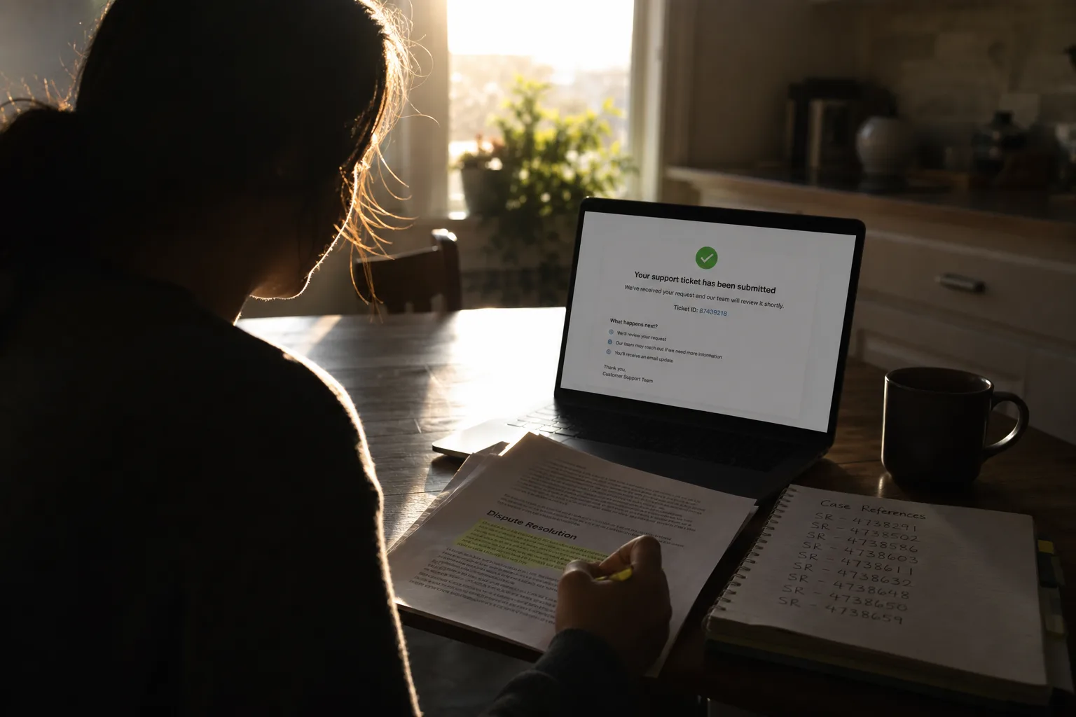 A person at a kitchen table with an open laptop showing a support ticket confirmation, a printed contract with the dispute resolution section marked, and a h...