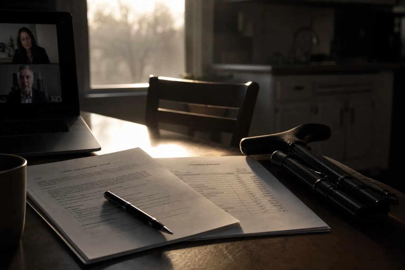 A legal engagement letter and an itemized invoice lying on a kitchen table beside a folded cane and a pen, with an open laptop showing a video call window at...