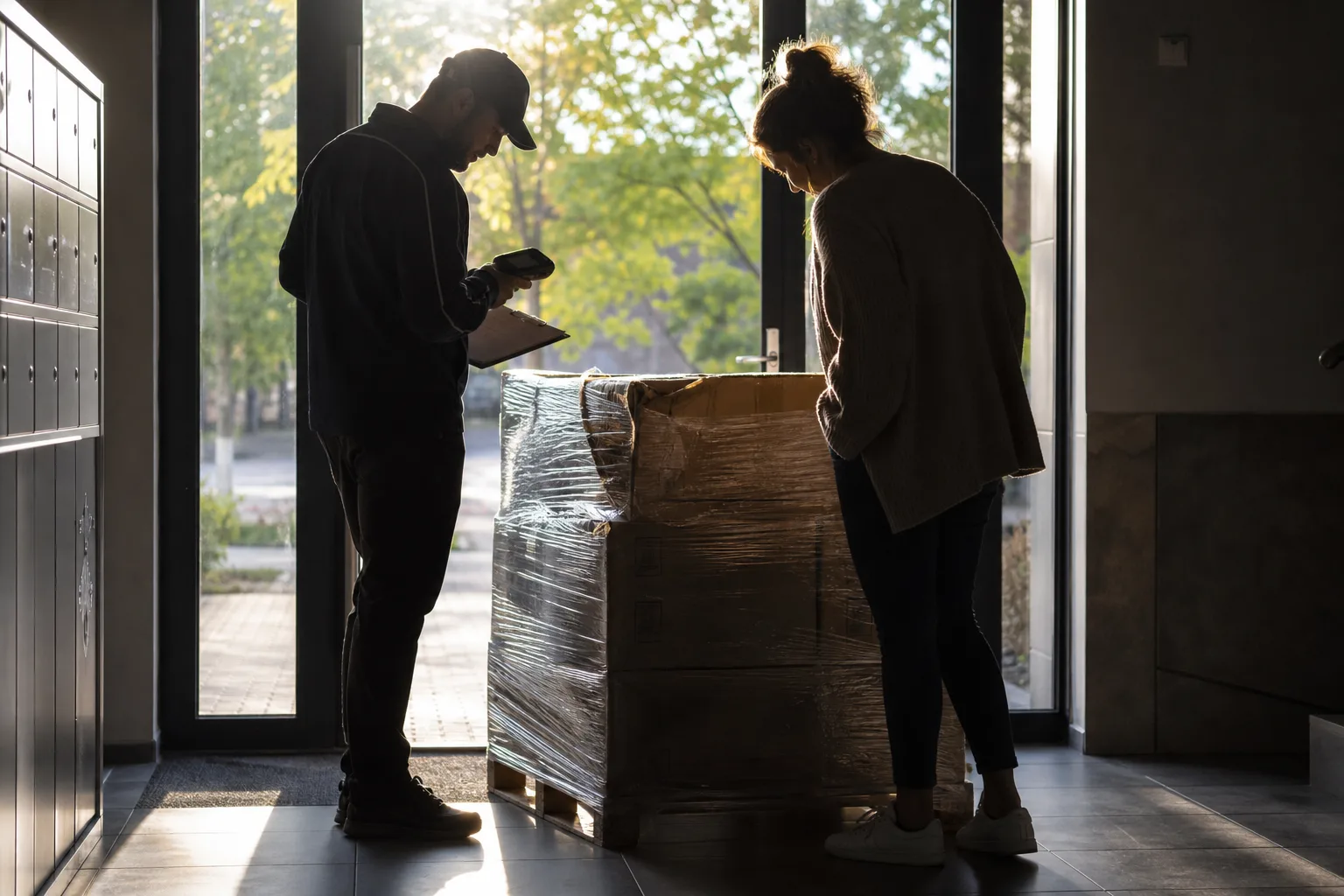 A delivery driver and a resident examining a shrink-wrapped pallet just inside an apartment building's front entrance, clipboard and handheld scanner visible...