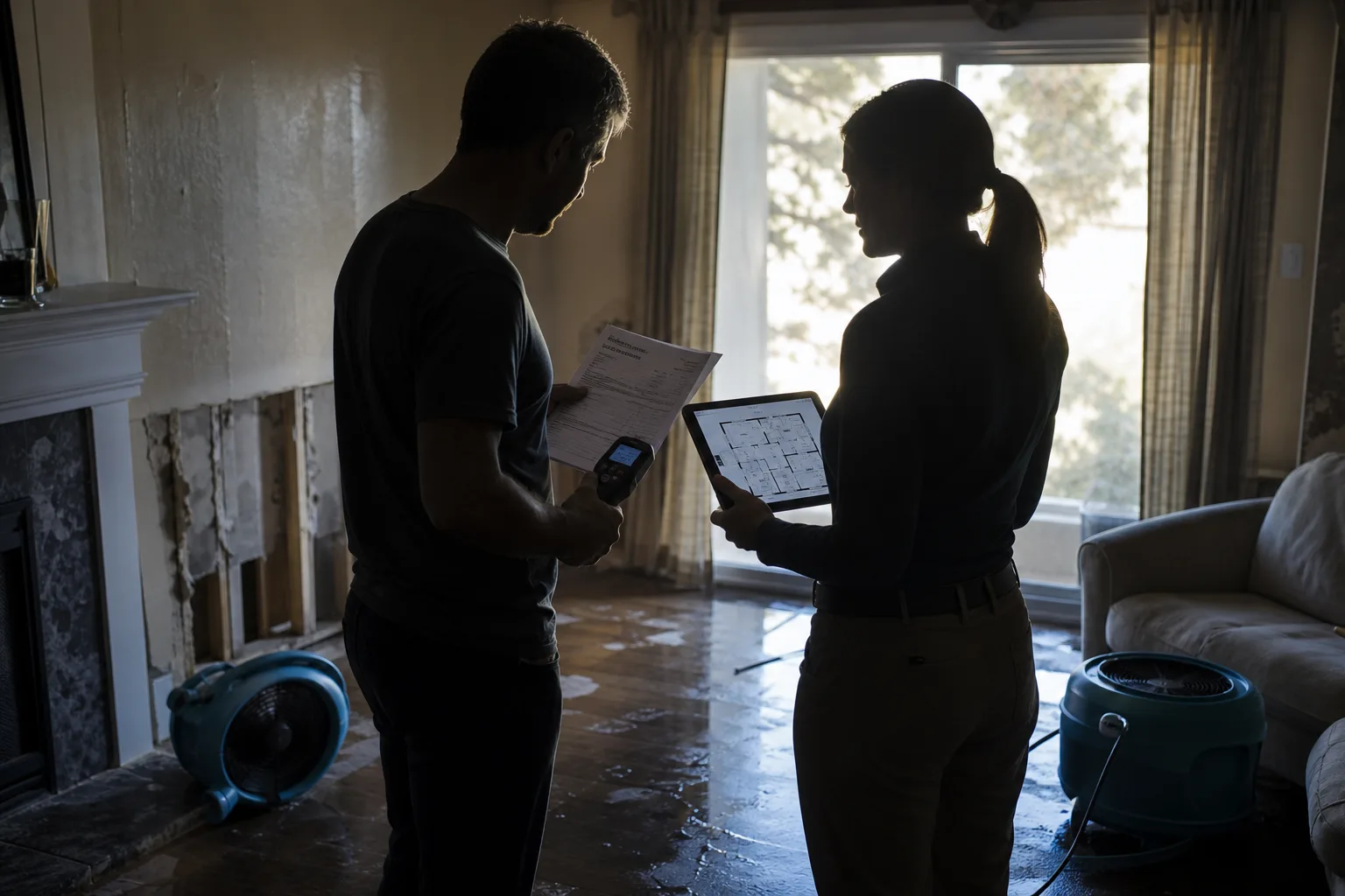 A homeowner and an insurance adjuster standing in a water-damaged living room, the adjuster holding a tablet with a room measurement diagram while the homeow...