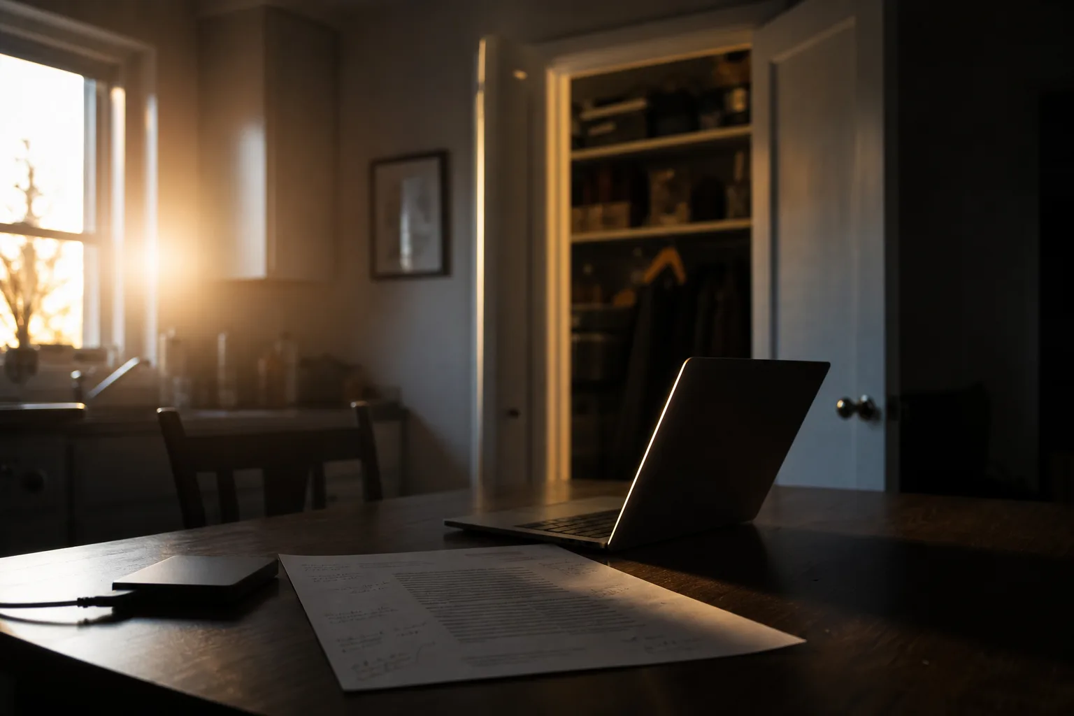 A small external hard drive and a printed one-page document with handwritten notes resting on a kitchen table beside a laptop, with a closet door open in the...