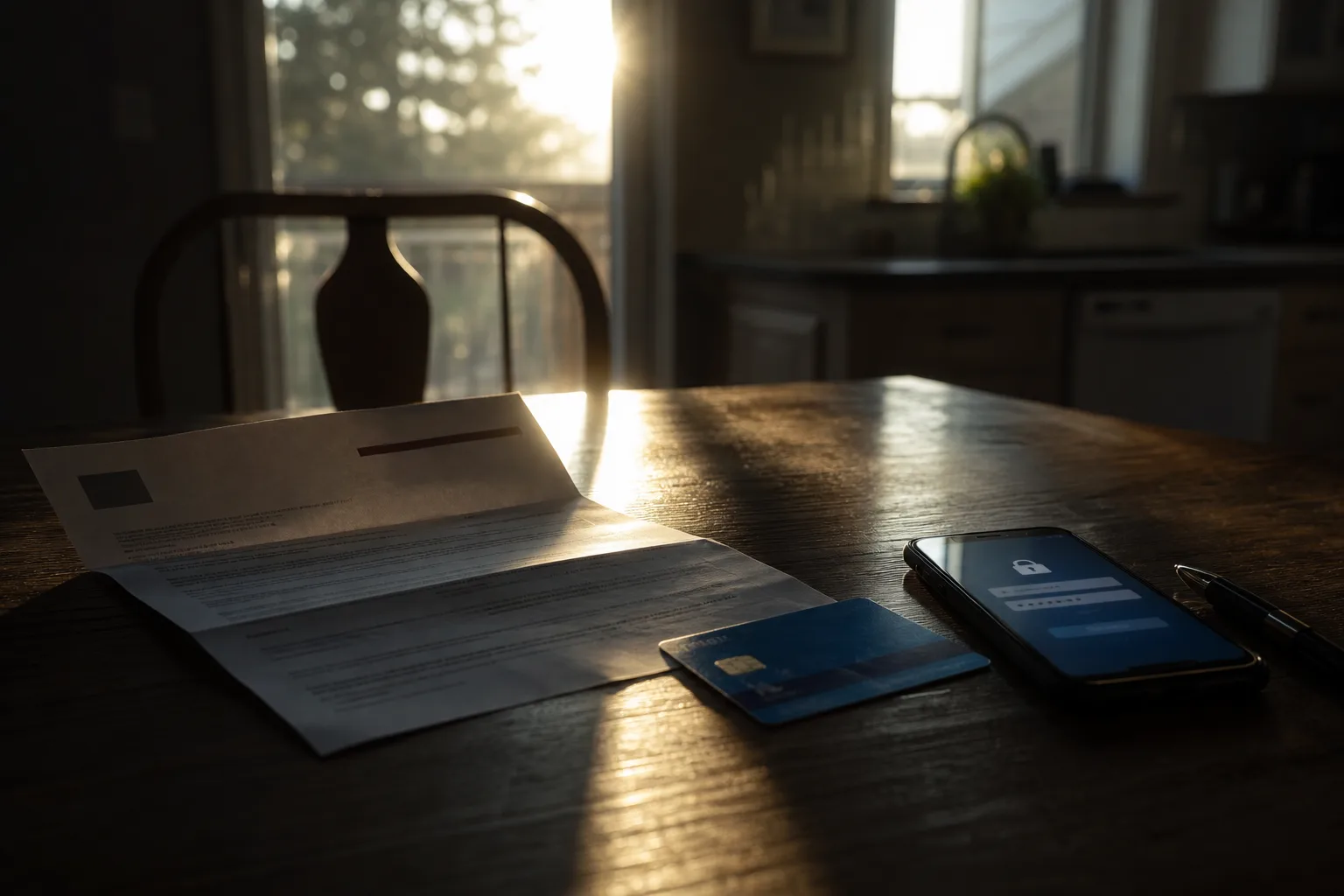 An opened breach notification letter on a kitchen table beside a reissued credit card, a phone showing a login screen, and a pen
