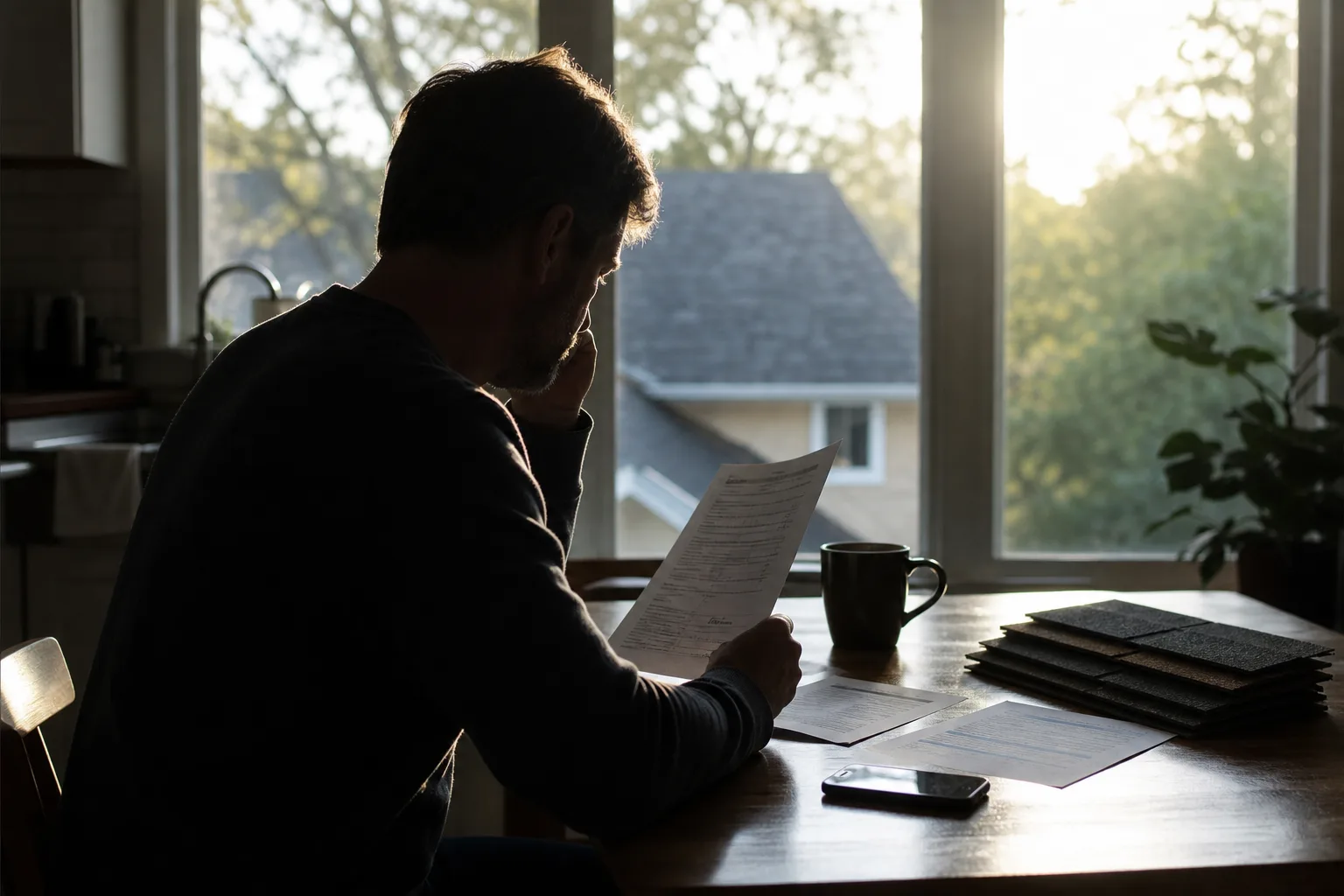 A homeowner at a kitchen table with an insurance renewal notice, a contractor's written estimate, and a phone, with a stack of roofing shingle samples beside...