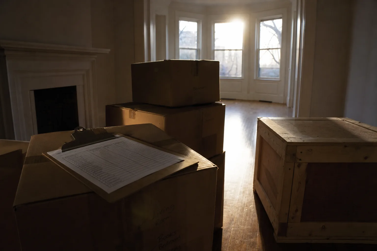 A moving crew's stack of labeled cartons and a custom wood crate in an emptied living room, with a clipboard inventory sheet resting on top of the nearest box
