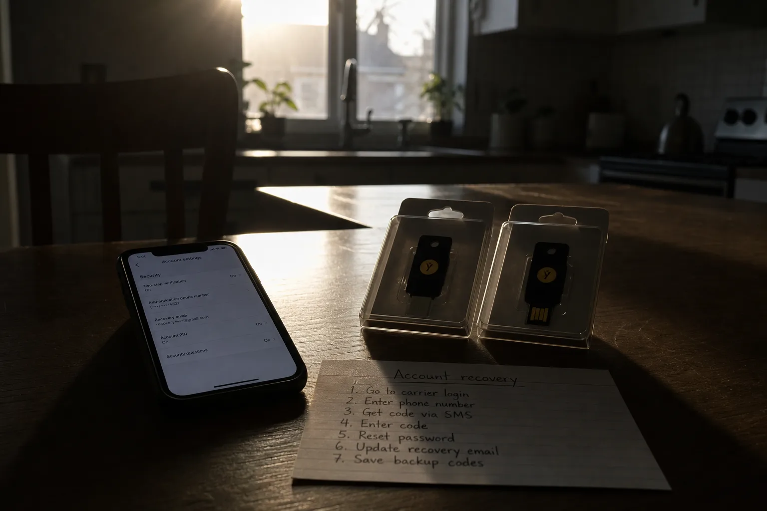 A kitchen table with two hardware security keys still in retail packaging, a phone showing a carrier account settings screen, and a handwritten index card li...