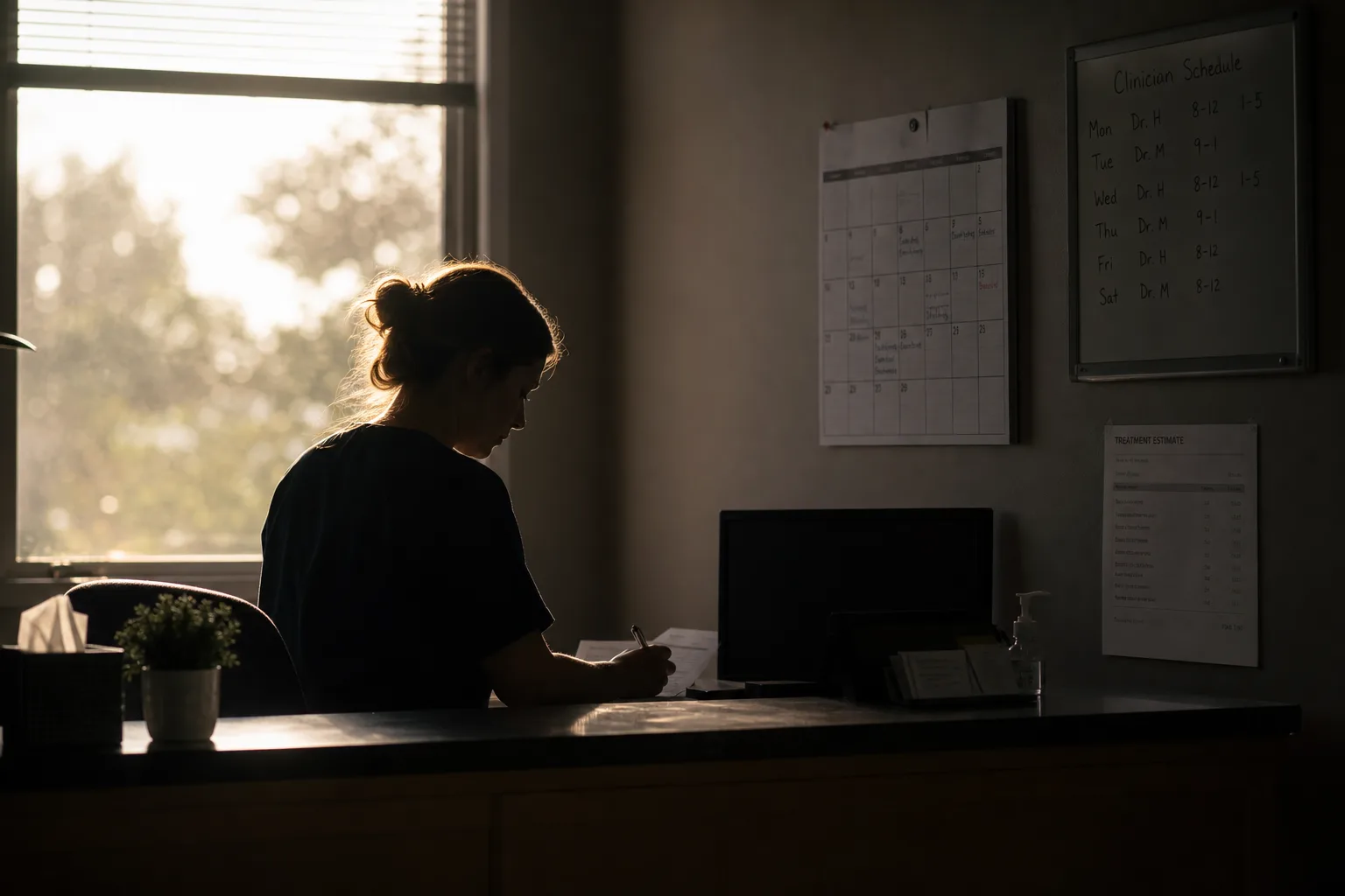 A small private medical office reception desk with a paper appointment calendar, a printed treatment estimate, and a clinician's schedule board on the wall b...