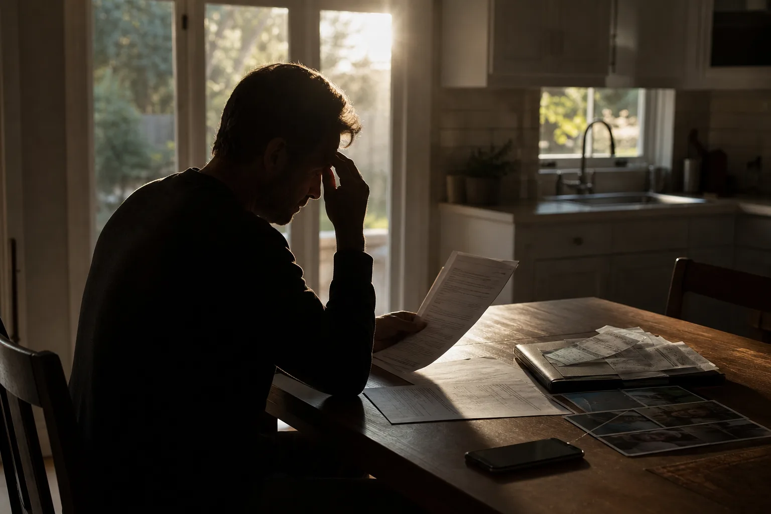 A homeowner at a kitchen table with an insurance declarations page, a contractor's written estimate, and a folder of receipts and photographs spread out besi...