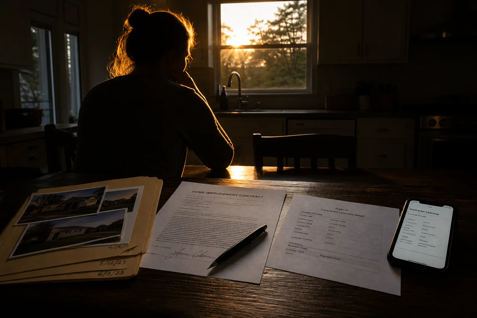 A kitchen table with a signed home improvement contract, a folder of dated photographs, a printed state licensing board record and a smartphone showing a loo...