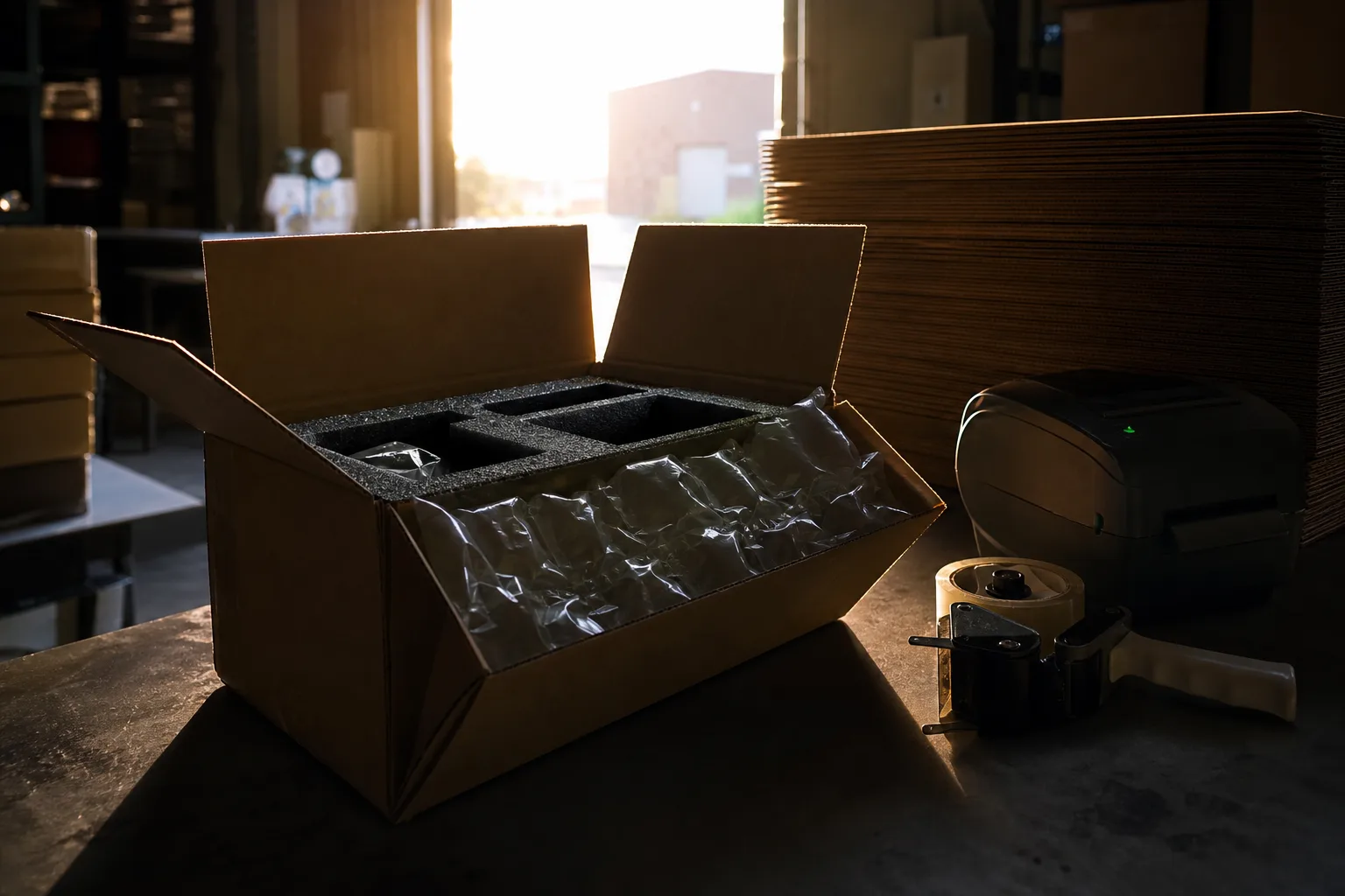 A corrugated shipping carton on a warehouse packing bench, opened to show foam inserts and void fill, with tape gun, label printer and a stack of flat board...