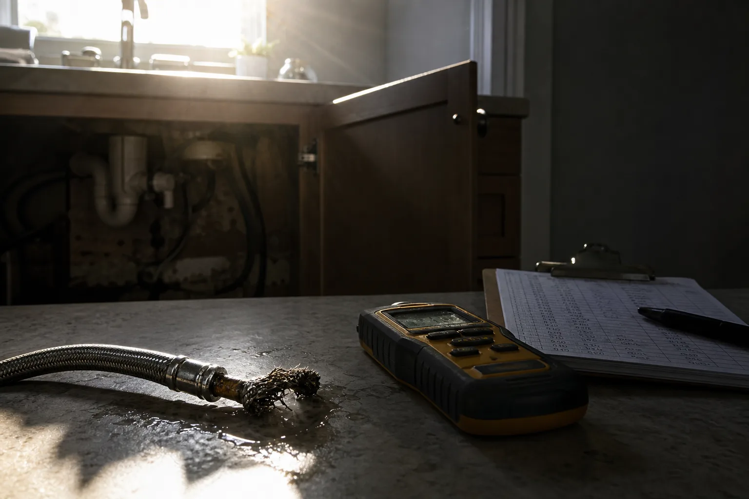 A failed braided stainless steel water supply line lying on a countertop beside a handheld moisture meter and a clipboard of readings, with an open bathroom...