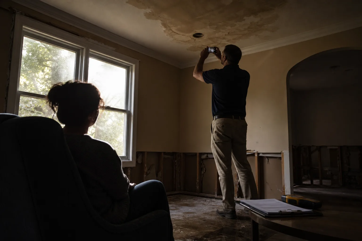 A person seated in a chair in a damaged living room with baseboards removed, watching an insurance adjuster photograph a water-stained ceiling with a clipboa...